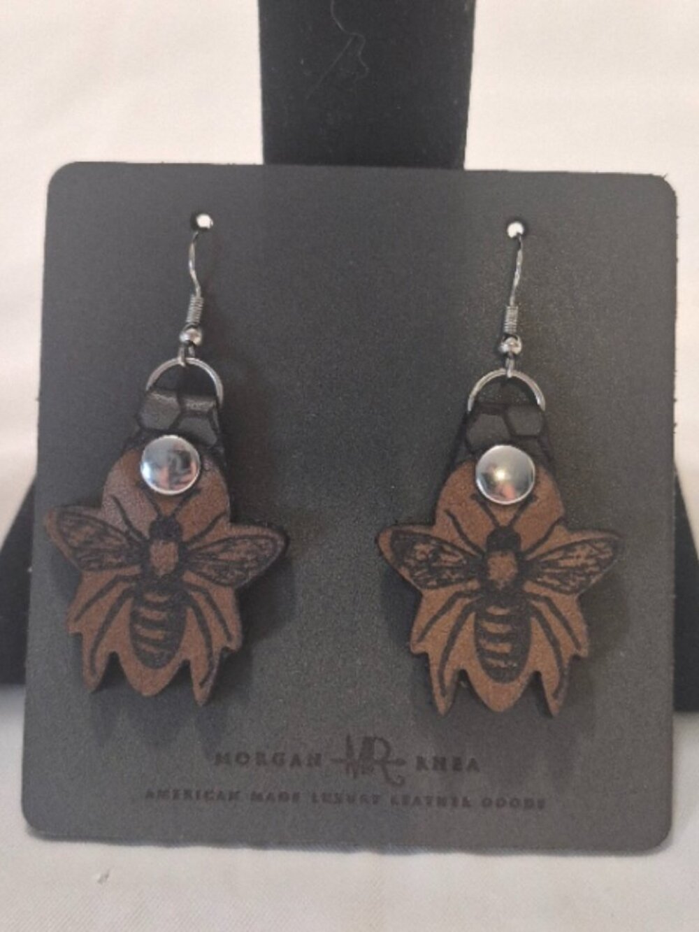 NWT Morgan Rhea Brown / Black Leather Bee Earrings